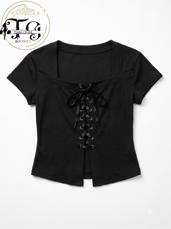 Tops - Black Lace-Up Short Sleeve Top
